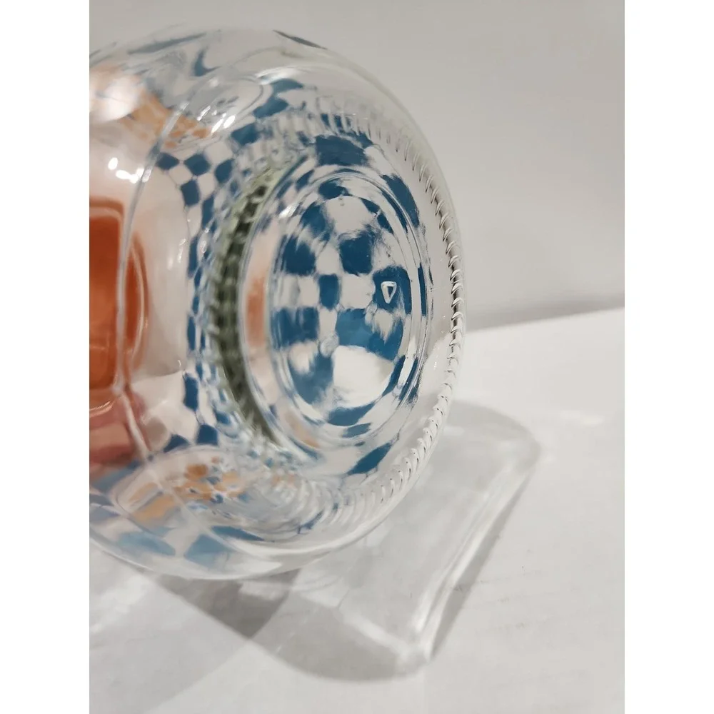 Vintage Carlton Glass Jar With Blue Checkered Pattern And Floral Design